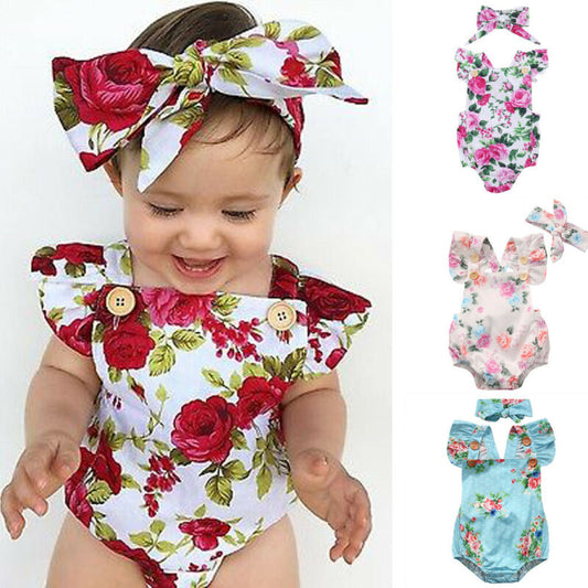 Cute Floral Romper Jumpsuit Romper + Headband