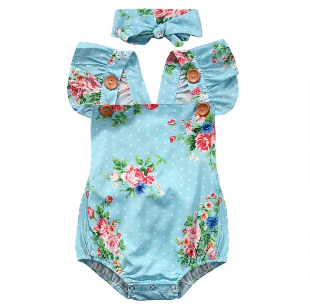 Cute Floral Romper Jumpsuit Romper + Headband