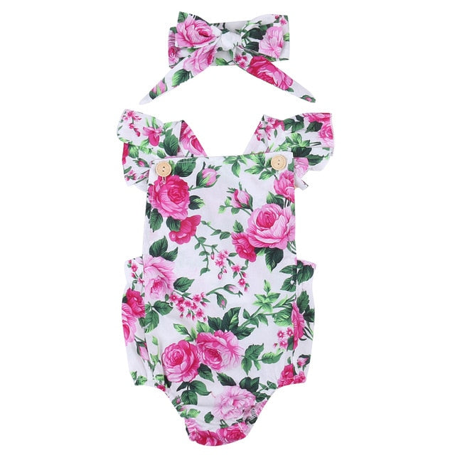 Cute Floral Romper Jumpsuit Romper + Headband