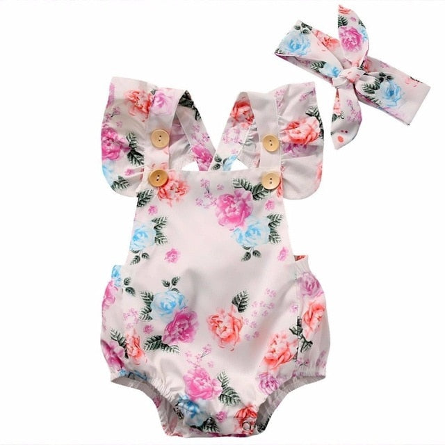 Cute Floral Romper Jumpsuit Romper + Headband